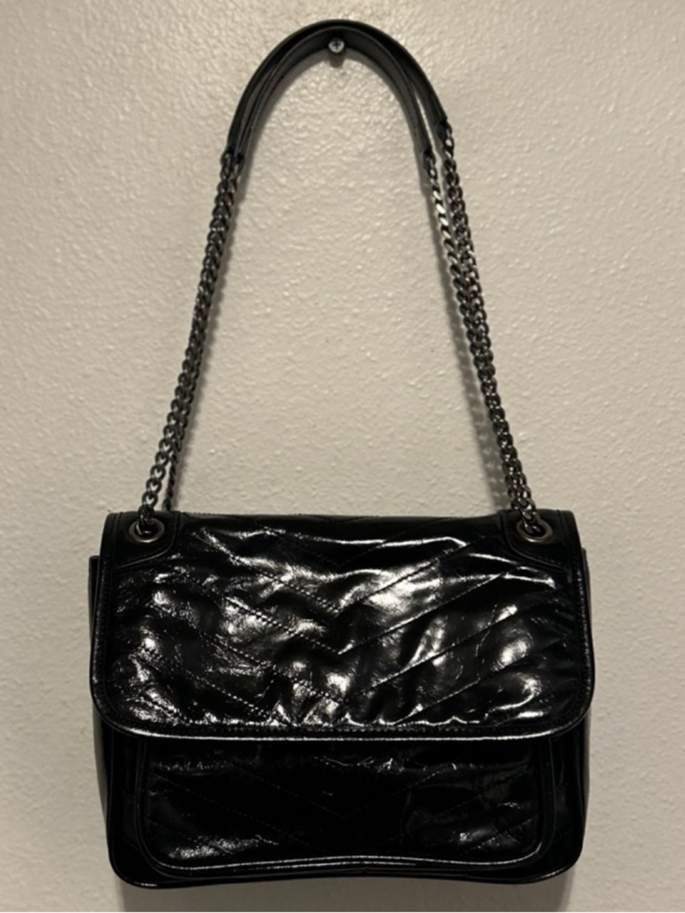 NEW Genuine Leather Chevron Quilted Chain Strap Flap Bag Black w/ Dust Bag